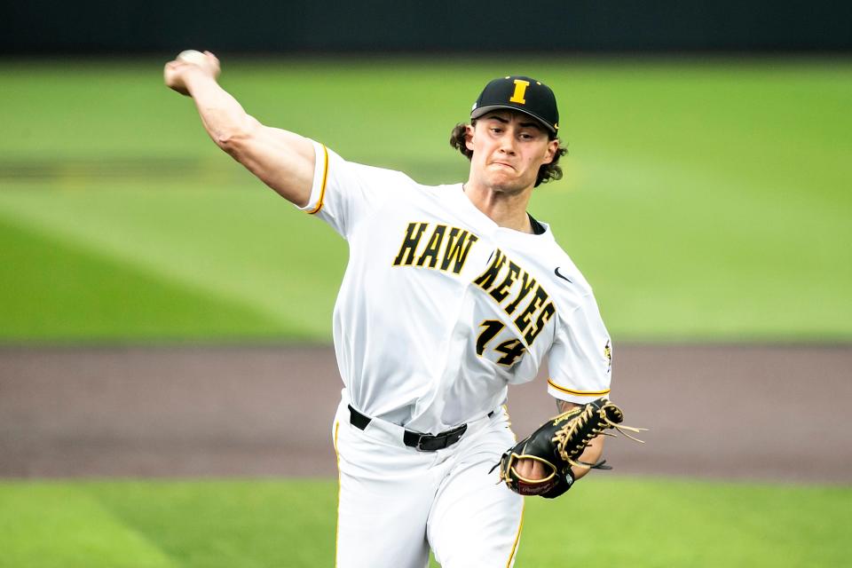 Iowa’s Brody <a class="link " href="https://sports.yahoo.com/ncaaf/players/337892" data-i13n="sec:content-canvas;subsec:anchor_text;elm:context_link" data-ylk="slk:Brecht;sec:content-canvas;subsec:anchor_text;elm:context_link;itc:0">Brecht</a> delivers a pitch during a NCAA Big Ten Conference baseball game against Ohio State, Friday, May 5, 2023, at Duane Banks Field in Iowa City, Iowa.