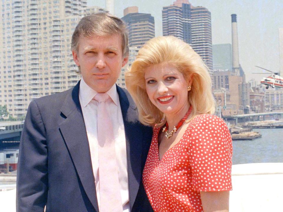 Real estate tycoon Donald Trump and his then-wife Ivana are pictured aboard his giant yacht Trump Princess on the East River in New York City, July 1988.