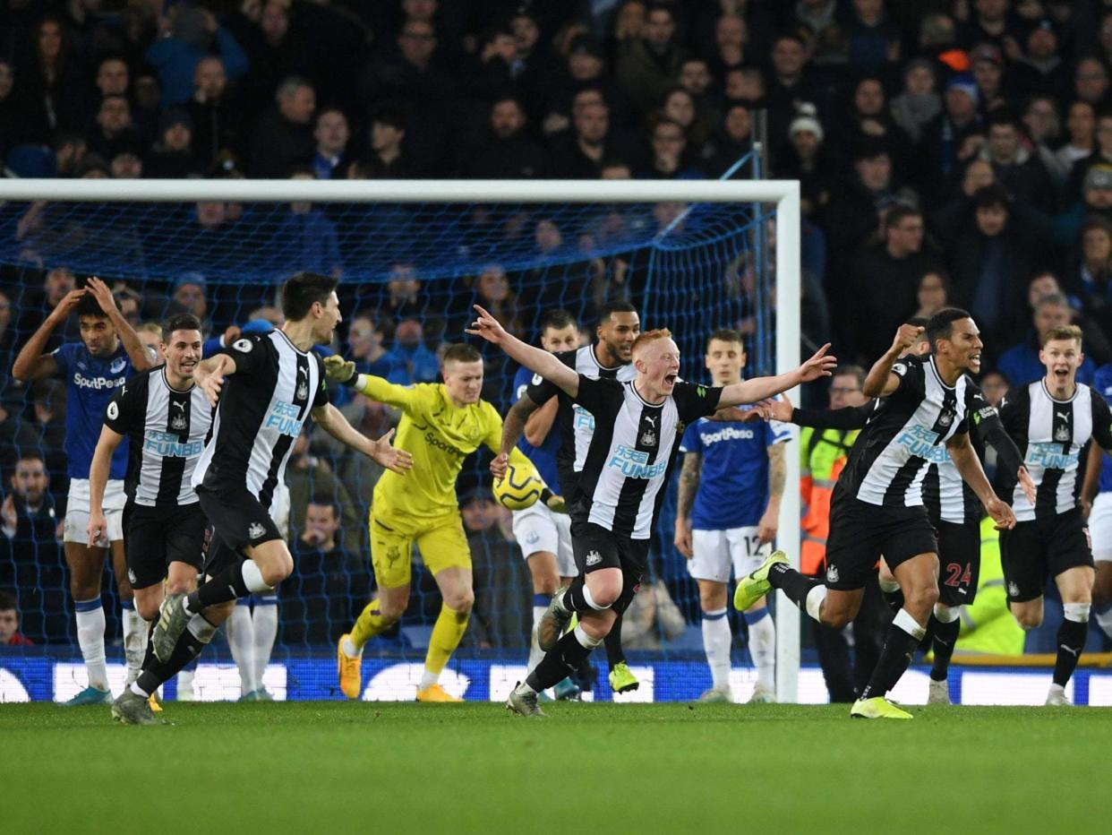 Newcastle celebrate their late equaliser as Everton look on: Getty