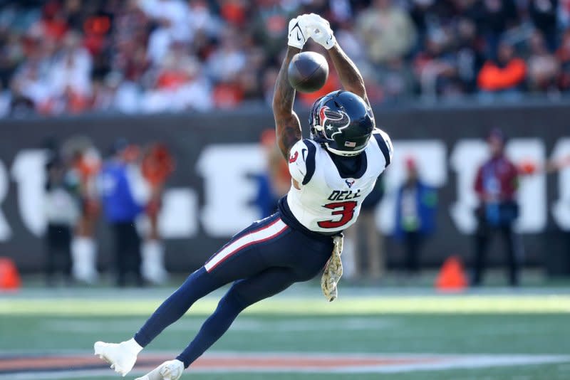 Houston Texans wide receiver Tank Dell was among ten people who sustained non-life-threatening injuries in a Florida shooting Saturday night. Dell is shown here in a 2023 game against the Bengals. Photo by John Sommers II/UPI