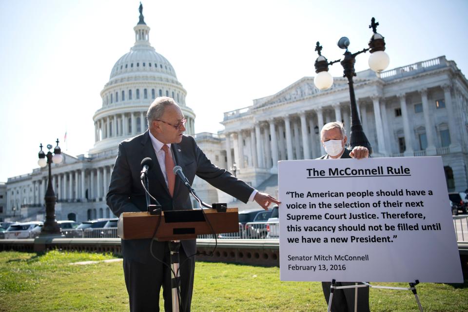 Senate Minority Leader Chuck Schumer (D-NY) has been pressing the case that Republicans are guilty of the rankest hypocrisy by pushing to confirm a Supreme Court justice with a presidential election looming after using the 2016 vote as their excuse for blocking then-President Barack Obama's high court nominee that year. The GOP Senate majority is paying little heed to Schumer's complaint.  (Caroline Brehman via Getty Images)