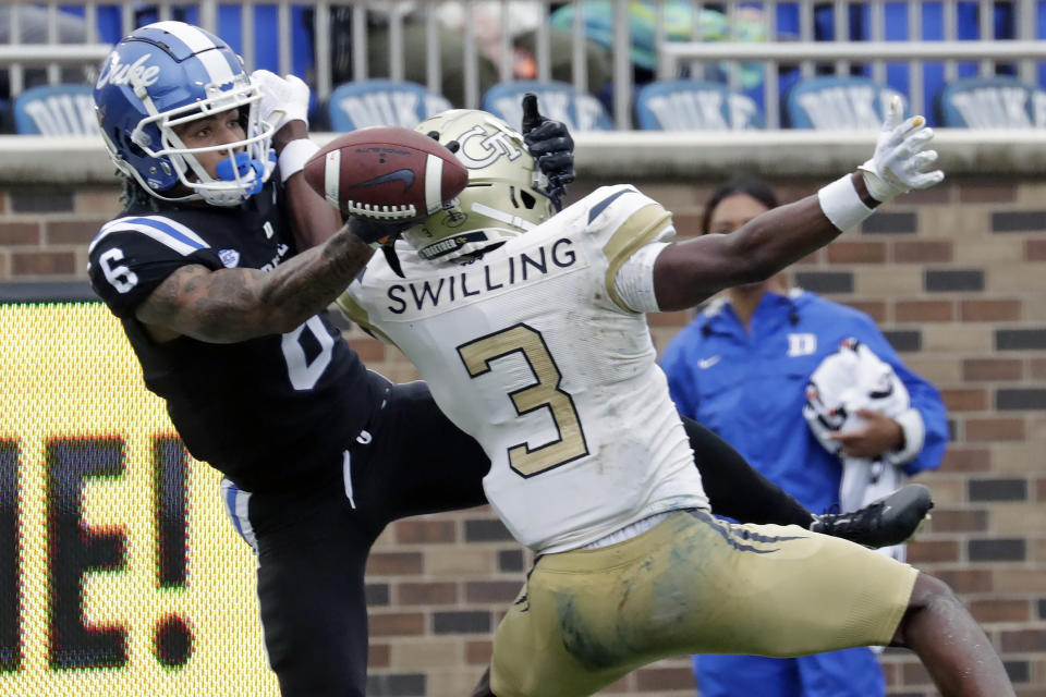 Georgia Tech defensive back Tre Swilling (3) breaks up a pass intended for Duke wide receiver Eli Pancol (6) during the second half of an NCAA college football game in Durham, N.C., Saturday, Oct. 9, 2021. Swilling was called for pass interference on the play. (AP Photo/Chris Seward)