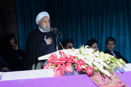 Iranian President Hassan Rouhani gives a public speech in the city of Khoy, West Azerbaijan province, Iran November 19, 2018. Official President website/Handout via REUTERS