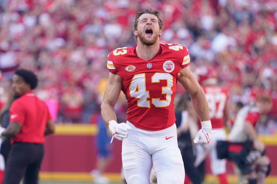 Kansas City Chiefs linebacker Jack Cochrane is introduced prior to an NFL football game against the Los Angeles Chargers Sunday, Oct. 22, 2023 in Kansas City, Mo. (AP Photo/Ed Zurga)