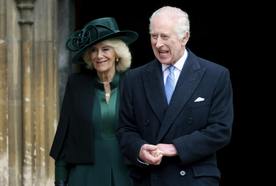 FILE - Britain's King Charles III and Queen Camilla leave after attending the Easter Matins Service at St. George's Chapel, Windsor Castle, England, March 31, 2024. Buckingham Palace says King Charles III will resume his public duties next week following treatment for cancer. The announcement on Friday April 26, 2024, comes almost three months after Charles took a break from public appearances to focus on his treatment for an undisclosed type of cancer. (Hollie Adams/Pool Photo via AP, File)