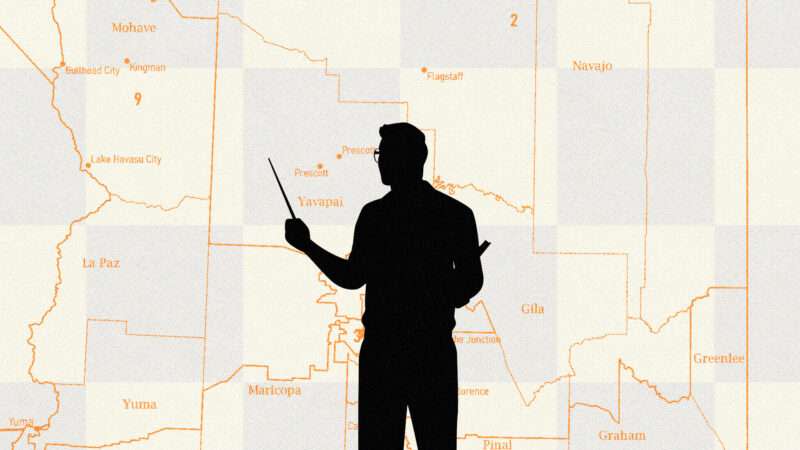 A silhouette of a college professor in front of a map of Arizona.