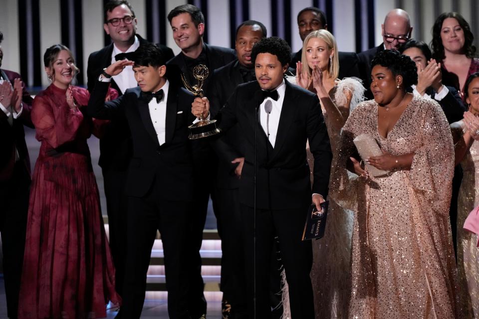 Trevor Noah accepts the award for outstanding talk series for ‘The Daily Show With Trevor Noah’ during the 75th Emmy Awards at the Peacock Theater in Los Angeles on Monday, Jan. 15, 2024.