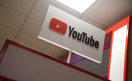 Signage is seen at a YouTube stand at the Labour Party Conference venue in Brighton, Britain, September 26, 2017. REUTERS/Toby Melville