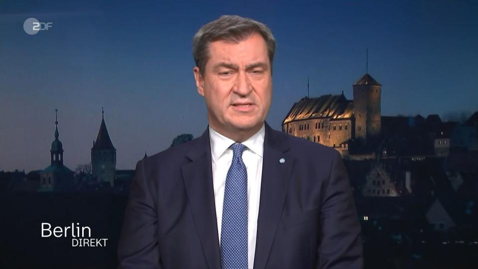  "Sie können doch nicht einfach so den Satz unterbrechen ... abwürgen": Markus Söder reagierte im Sonntag in einer ZDF-Schalte irritiert. (Bild: ZDF)