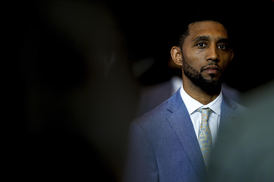 Baltimore Mayor Brandon Scott looks on during a press conference at the Small Business Administration business recovery center, Thursday, April 4, 2024, in Baltimore. (AP Photo/Julia Nikhinson)