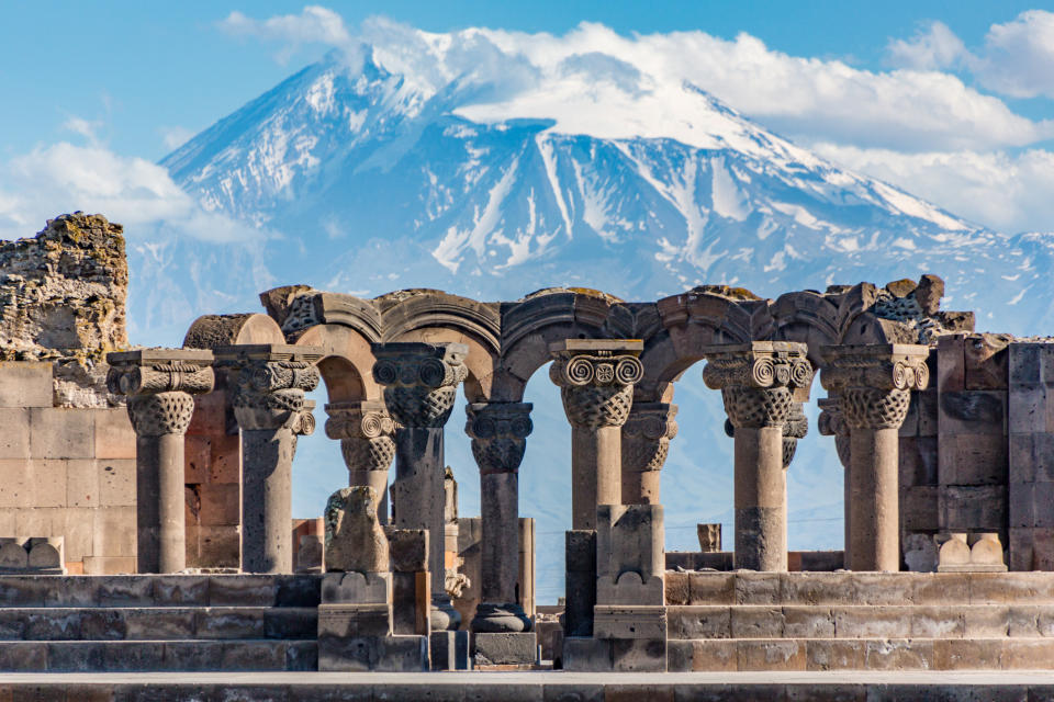 A mountain landscape and ruins in Yerevan, Armenia.