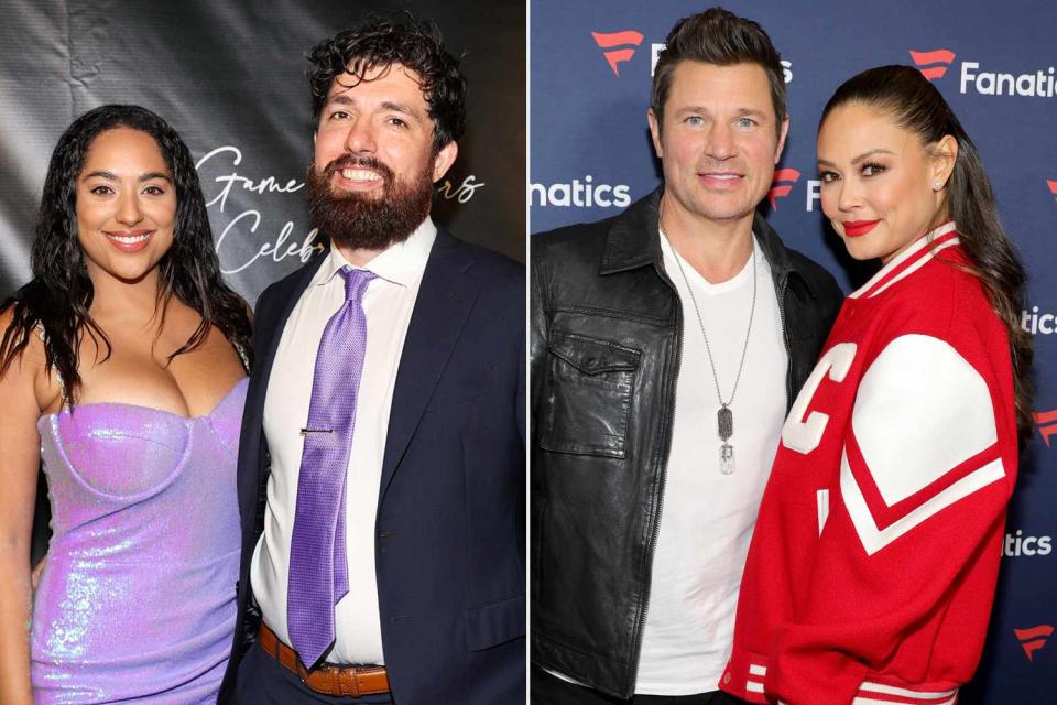 <p>Mat Hayward/Getty; Ethan Miller/Getty</p> Bliss Poureetezadi Goytowski, Zack Goytowski, Nick Lachey and Vanessa Lachey