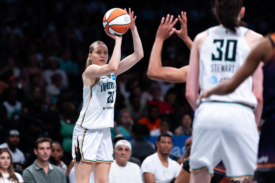 New York Liberty guard Marine Johannès shoots the ball against the Phoenix Mercury at Barclays Center in New York City, on July 5, 2023. (Photo by Dustin Satloff/Getty Images)