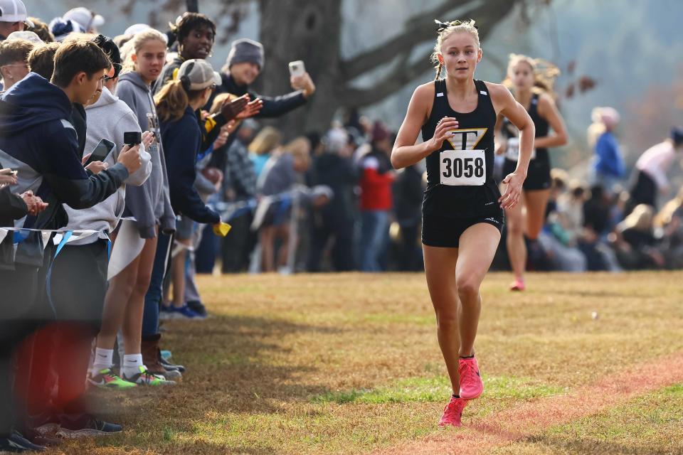 Tatnall Katie Payne finishes the girls division II race at the DIAA Cross Country Championships Saturday, Nov. 11, 2023; at Brandywine Creek State Park in Wilmington, DE.