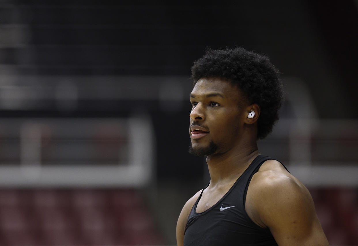 PALO ALTO, CALIFORNIA - FEBRUARY 10: Bronny James #6 of the USC Trojans warms up prior to the start of an NCAA basketball game against the Stanford Cardinal at Stanford Maples Pavilion on February 10, 2024 in Palo Alto, California. (Photo by Thearon W. Henderson/Getty Images)