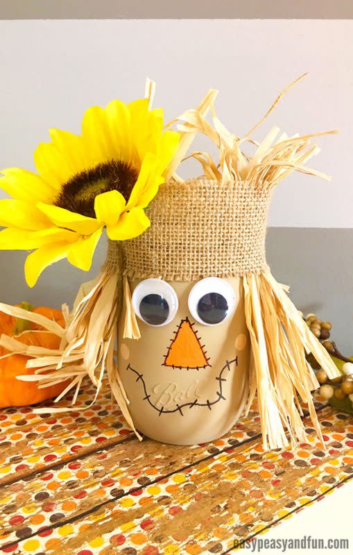 <p>Easy Peasy And Fun</p><p>Take a break from all the turkey DIYs and try a scarecrow-themed one from <a href="https://www.easypeasyandfun.com/scarecrow-mason-jar/" rel="nofollow noopener" target="_blank" data-ylk="slk:Easy Peasy And Fun;elm:context_link;itc:0;sec:content-canvas" class="link "><em>Easy Peasy And Fun</em></a>. It’s something you can keep for years to come.</p>