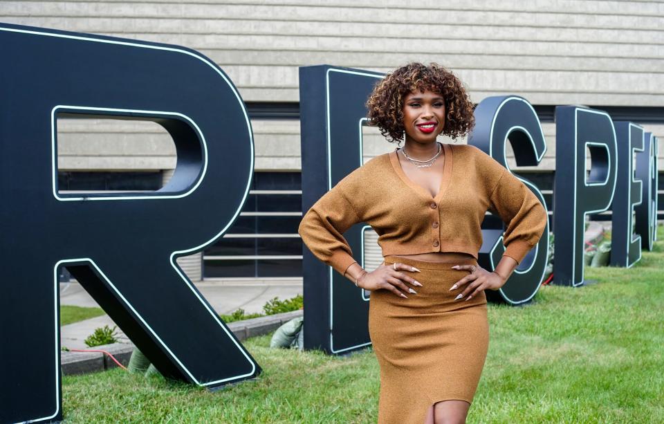 Jennifer Hudson poses in front of the RESPECT letters outside of the Charles H. Wright Museum in Detroit on Sunday, Aug. 1, 2021. The museum held a RESPECT Celebration and Conversation with actress Jennifer Hudson, "Respect" director Liesl Tommy, and Neil Barclay, President of the Charles H. Wright Museum, in the theater.