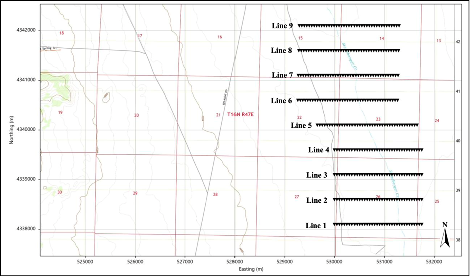 Figure 2. Location of the CSAMT lines surveyed by KLM at Monitor Valley