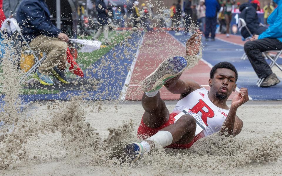 Rutgers' Sincere Robinson took fourth in Men's Long Jump Championship on Saturday at Penn Relays in Philadelphia on April 29, 2023. 