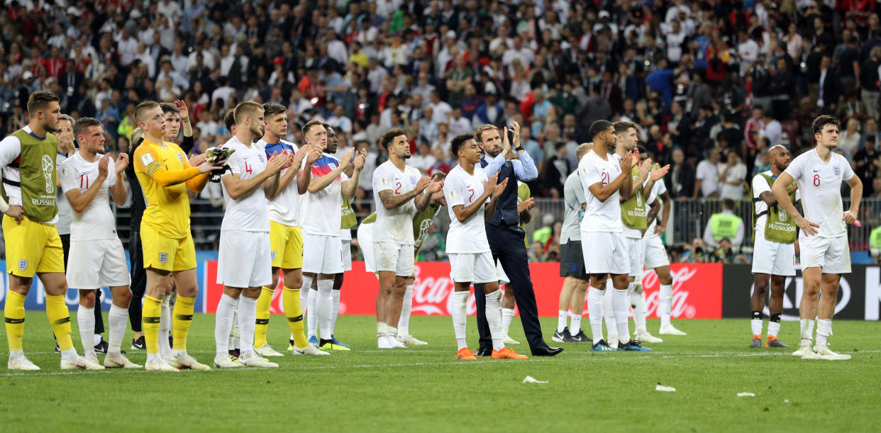 File photo dated 11-07-2018 of England manager Gareth Southgate and players applauding fans after losing against Croatia during the FIFA World Cup, Semi Final match at the Luzhniki Stadium, Moscow. Issue date: Tuesday June 1, 2021.