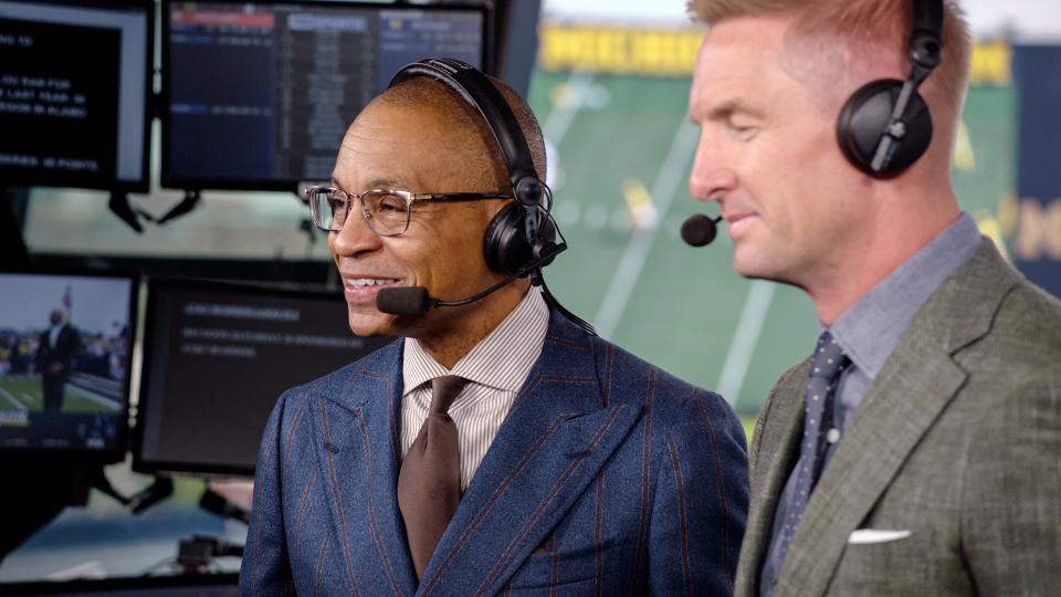 Gus Johnson and Joel Klatt in the broadcast booth for Fox Sports.