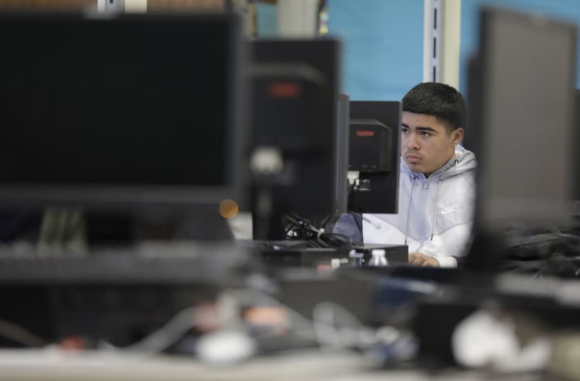 SHERMAN OAKS, CA -- APRIL 10, 2019: Joshua Bautista, a junior at North Hollywood High School, takes the three-day computerized Smarter Balanced Assessment Consortium (SBAC) test and California Science Test (CAST), which are the main statewide standardized tests. (Myung J. Chun / Los Angeles Times)