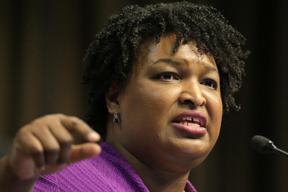 FILE - In this April 3, 2019, file photo, Former Georgia gubernatorial candidate Stacey Abrams speaks during the National Action Network Convention in New York. Abrams tells The Associated Press she will not run for a U.S. Senate seat in 2020 despite being heavily recruited by national party leaders. Abrams left open the possibility of running for president, though she says she’s in no hurry to make that call as she continues her advocacy on voting rights and educating citizens ahead of the 2020 census. (AP Photo/Seth Wenig, File)