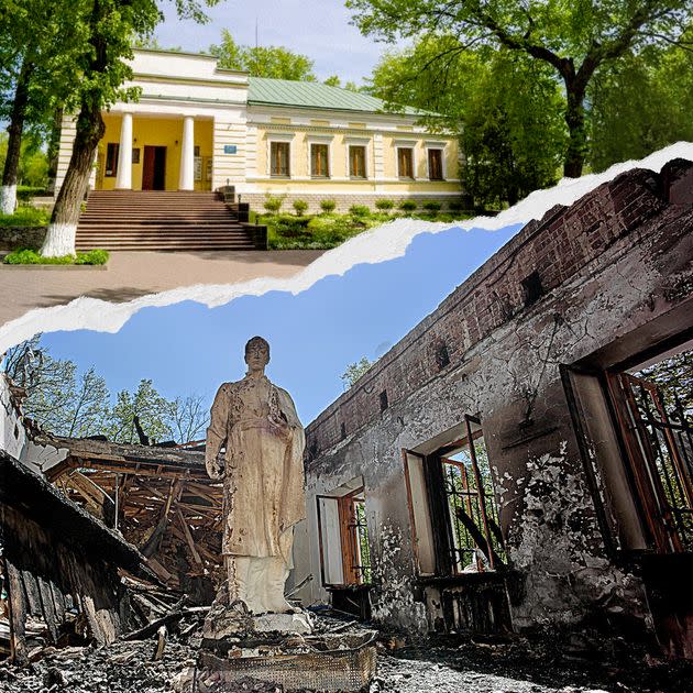 The Hryhorii Skovorda museum is devoted to a prominent Ukrainian philosopher, theologian, and poet who had a significant impact on multiple generations of Ukrainians. The philosopher's works, his favorite books, and other personal belongings are displayed in an 18th-century museum building. The philosopher's grave is located nearby. His tombstone reads: “The world tried to capture me, but didn't succeed.” On May 7, 2022, the Russian military shelled the building's roof, setting the entire museum on fire. (Photo: Before: find-way.com.ua ; After: Sergey Kozlov / Ukrainian Institute)