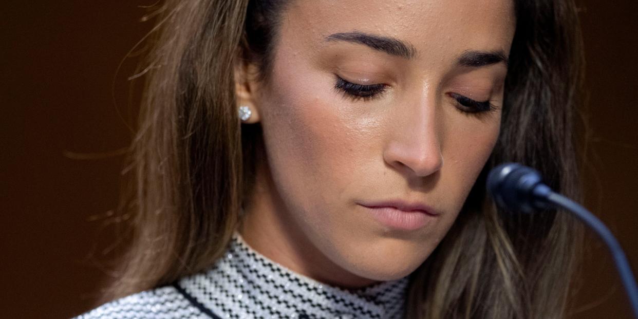 Olympic gymnast Aly Raisman testifies during a Senate Judiciary hearing about the Inspector General's report on the FBI handling of the Larry Nassar investigation of sexual abuse of Olympic gymnasts, on Capitol Hill, in Washington, D.C., U.S., September 15, 2021.