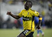 Columbus Crew midfielder Marino Hinestroza chases a pass during the first half of the team's MLS soccer match against CF Montréal on Saturday, April 27, 2024, in Columbus, Ohio. (AP Photo/Jeff Dean)