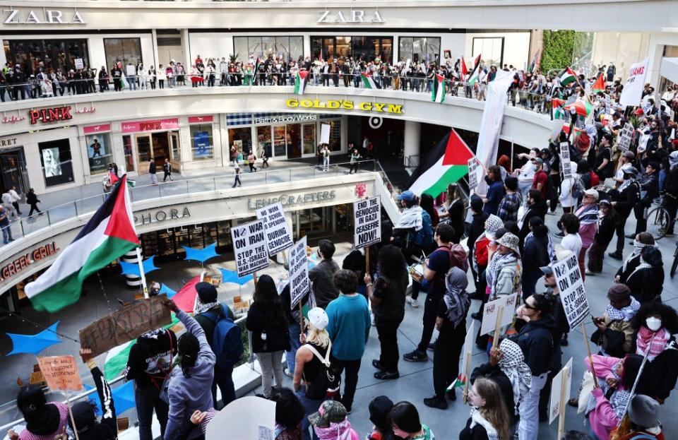 Pro-Palestinian demonstrators protest while occupying an outdoor shopping mall during a ‘Strike for Gaza’ protest in California. Getty Images