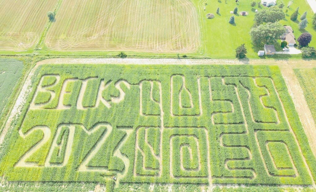 Greg and Kate Beck, owners of Becks Farm and Produce, said they're looking to get into the agritainment business with the opening of a new corn maze on their Clyde Township property, as pictured in an aerial image taken on their drone. The fun begins Saturday on weekends through October.