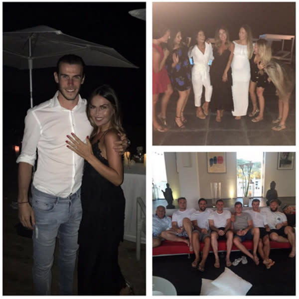 Gareth Bale (R) his girlfriend Emma Rhys Jones (2ndR) and his