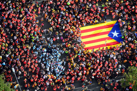 People carry an Estelada, or Catalan separatist flag, during a rally on Catalonia's national day 'La Diada' in Barcelona, Spain, September 11, 2018. ANC/Roser Vilallonga/Handout via REUTERS