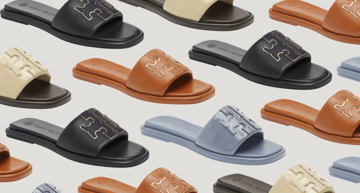 sandals, tory burch leather sport slides in black, brown, blue, and white, These luxe Tory Burch sandals are a 