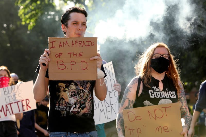 Demonstrators in Buffalo protest against the death in Minneapolis police custody of George Floyd