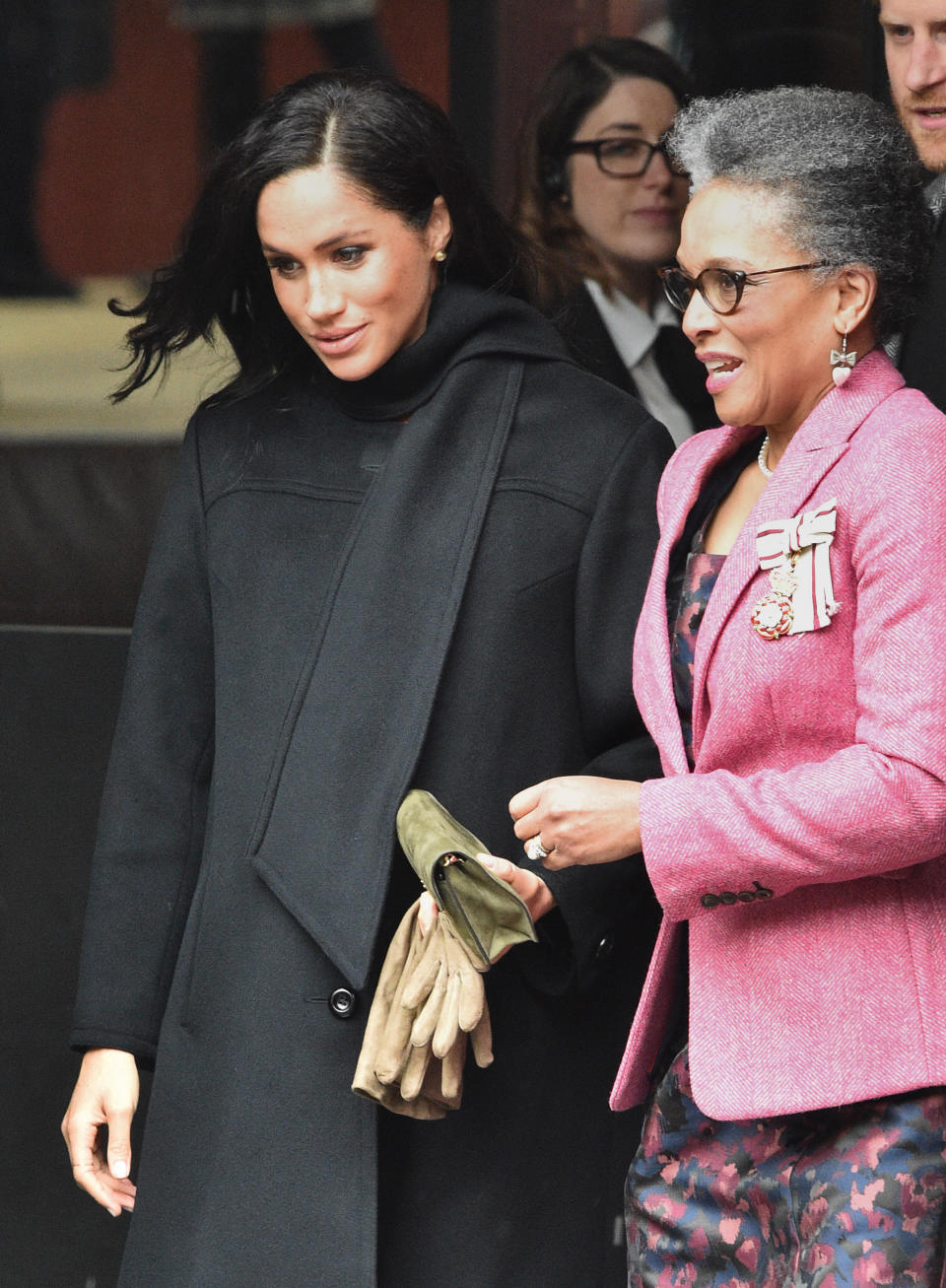 The Duchess of Sussex with Peaches Golding, the Lord Lieutenant of Bristol after her visit to the Bristol Old Vic theatre, which is undergoing a multimillion-pound restoration. (Photo by Ben Birchall/PA Images via Getty Images)