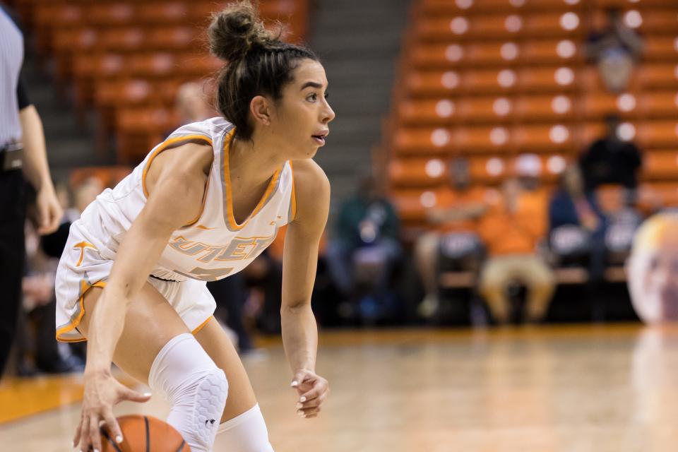 UTEP's Katia Gallegos (3) dribbles the ball at a women's basketball game against Southern Miss Saturday, Feb. 19, 2022, at the Don Haskins Center in El Paso.