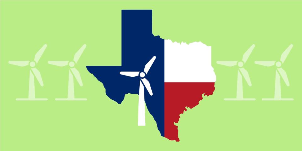 A silhouette of the state of Texas bears the state's flag. But instead the lone star on the flag is replaced by the rotor blades of a wind turbine. More wind turbines are in the background.
