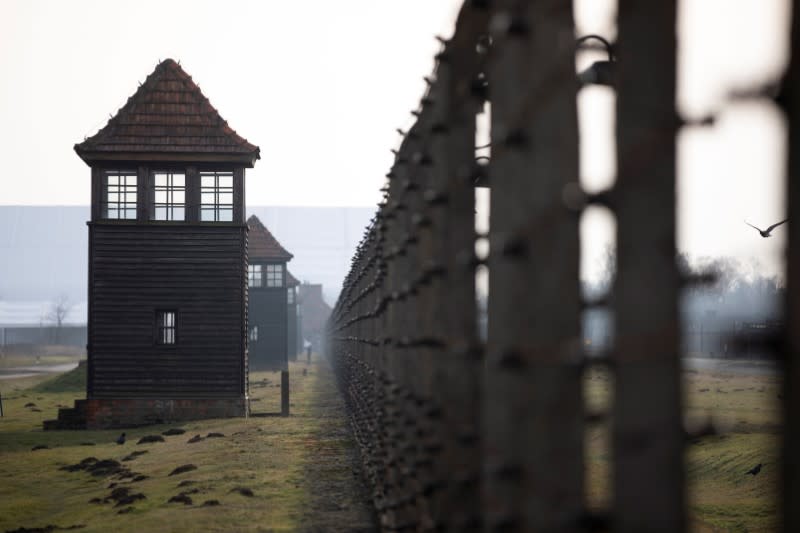 Watchtowers of former Nazi German Auschwitz-Birkenau concentration camp complex are pictured in Oswiecim