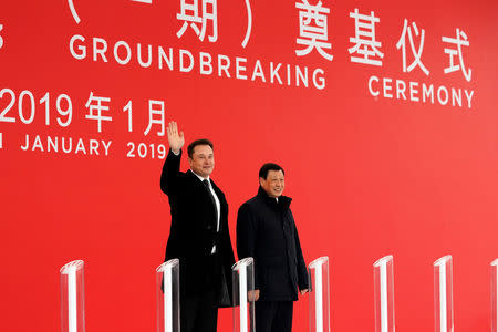 Tesla CEO Elon Musk and Shanghai's Mayor Ying Yong attend the Tesla Shanghai Gigafactory groundbreaking ceremony in Shanghai, China January 7, 2019. REUTERS/Aly Song