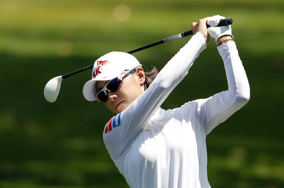 Na Yeon Choi, of South Korea, hits from the third fairway during the third round of the Dow Great Lakes Bay Invitational golf tournament, Friday, July 19, 2019, in Midland, Mich. (AP Photo/Carlos Osorio)