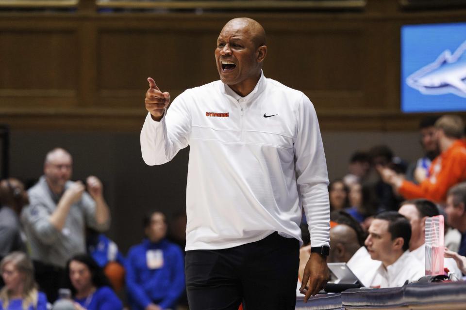 Syracuse head coach Adrian Autry shouts during the first half of the team's NCAA college basketball game against Duke in Durham, N.C., Tuesday, Jan. 2, 2024. (AP Photo/Ben McKeown)