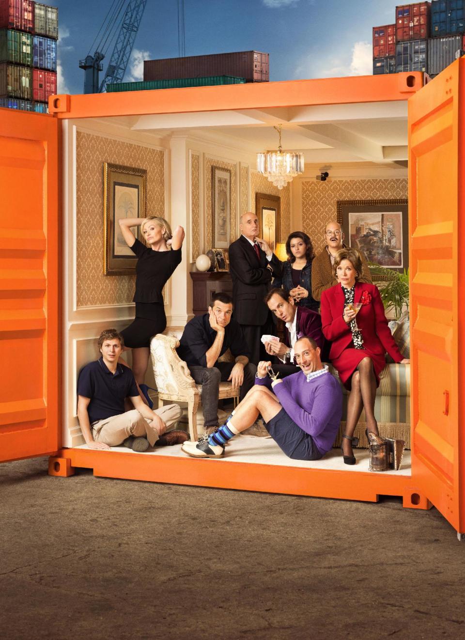 This undated publicity photo provided by Netflix shows actress Jessica Walter, front right, and the cast of "Arrested Development." Even Walter, an Emmy-winning character actress, is surprised to find herself at a new professional peak, thanks to the Netflix revival of her sitcom "Arrested Development" as well as the continued success of the animated FX cult favorite, "Archer." The new season for "Arrested Development" began Sunday, May 26, 2013. (AP Photo/Netflix, F. Scott Schafer)