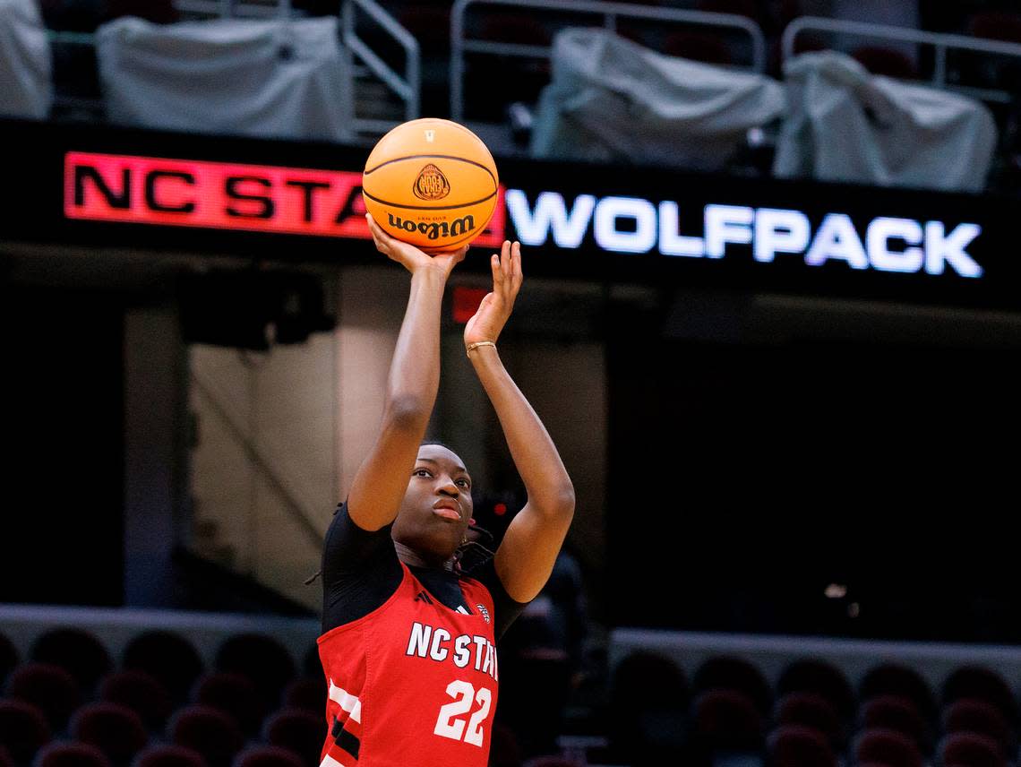 N.C. State’s Saniya Rivers puts up a shot during practice at Rocket Mortgage FieldHouse on Thursday, April 4, 2024, in Cleveland, Ohio. The Wolfpack will face South Carolina in the Final Four on Friday.