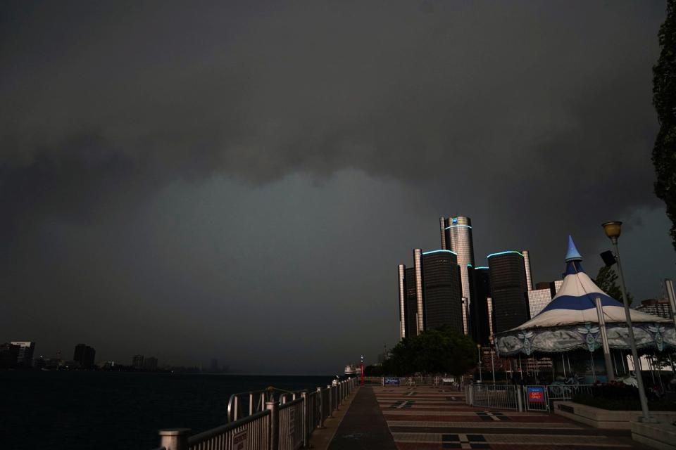 Heavy storms are seen making their way down the riverfront and into the downtown Detroit area on Wednesday afternoon, July 26, 2023.