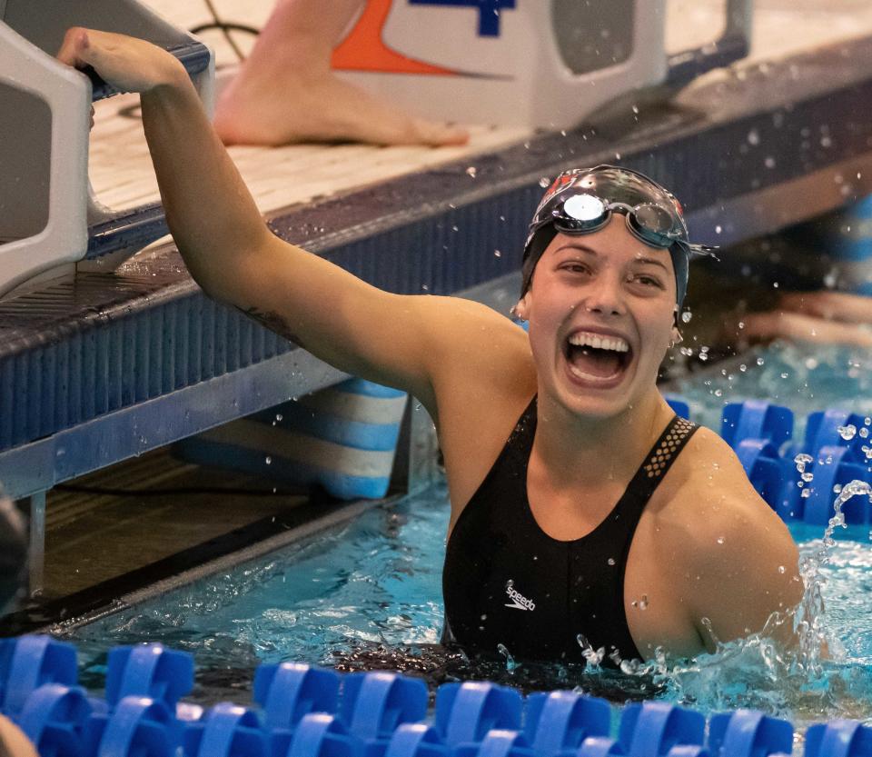 Drury senior and Marshfield native Bailee Nunn celebrates her national championship in the 50 Free.