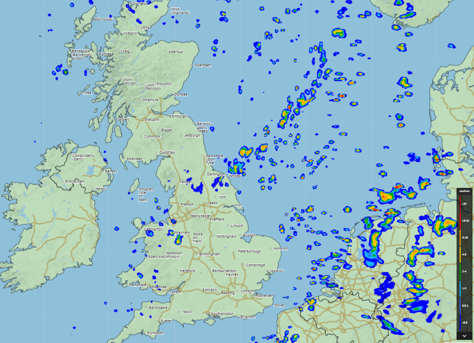 Some rainfall in western wales and the north east of England predicted this evening (The Met Office)