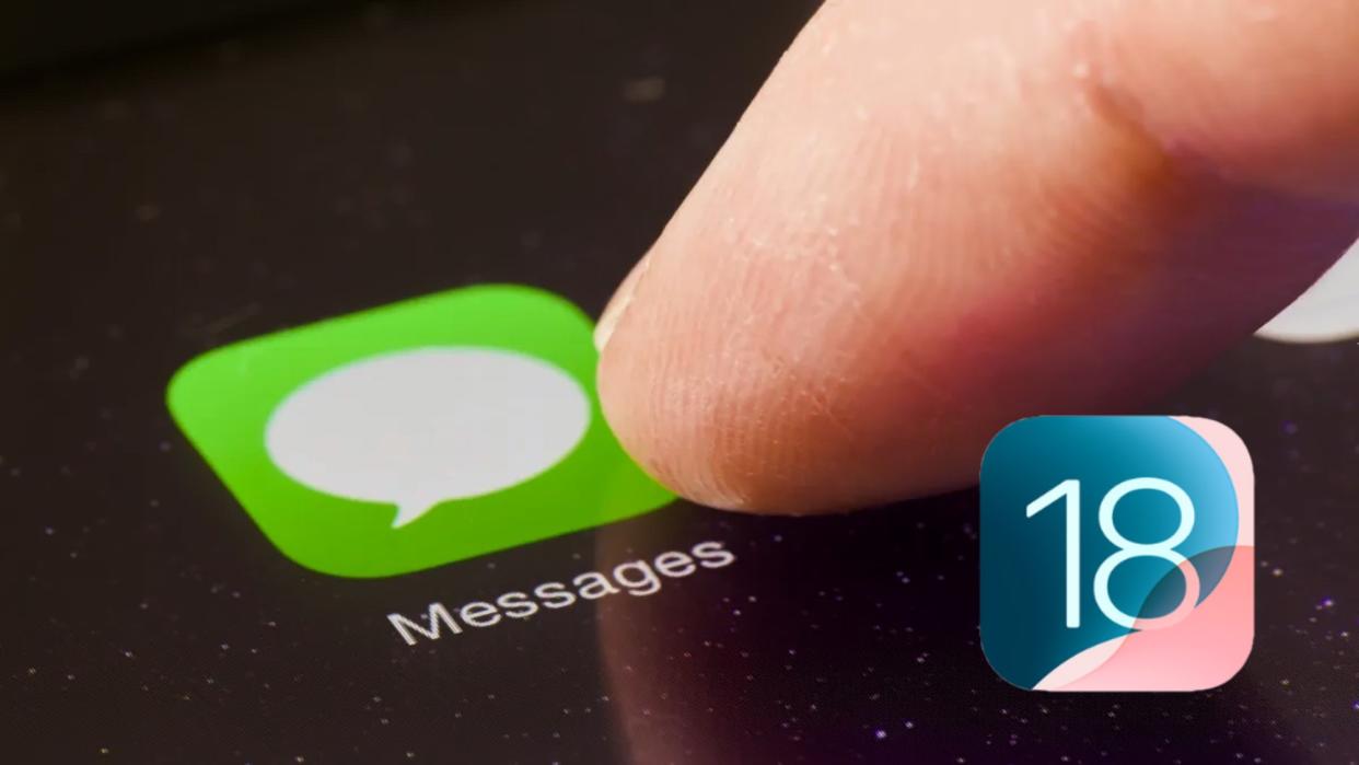  IMessage logo on iPhone with iOS 18 logo. 