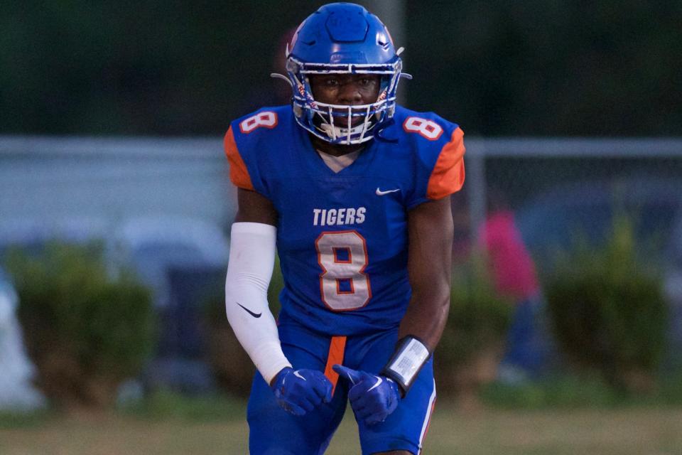 Jefferson County's Travis Keaton (8) celebrates a touchdown in a game against FAMU DRS on Oct. 3, 2022, at Jefferson County High School. The Tigers won 36-12.